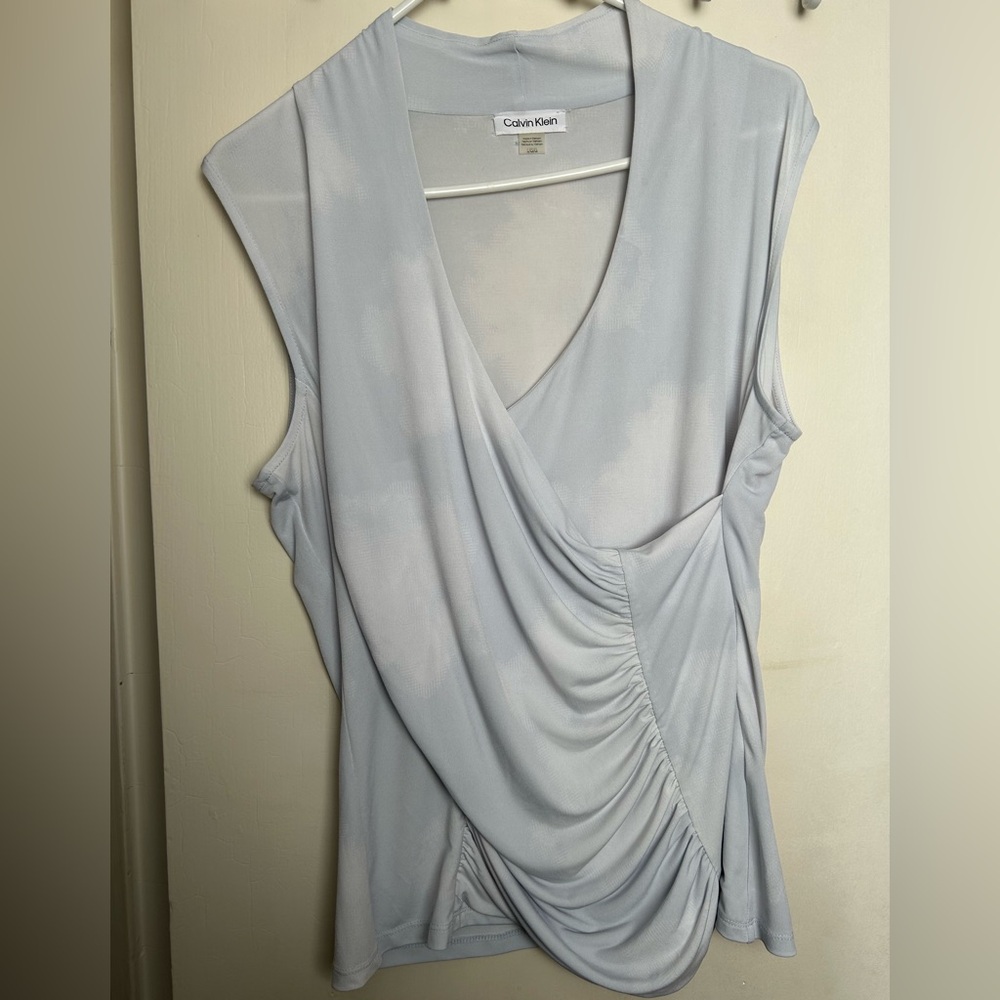 Calvin Klein Pale Blue Draped Wrap-Front Sleeveless Top